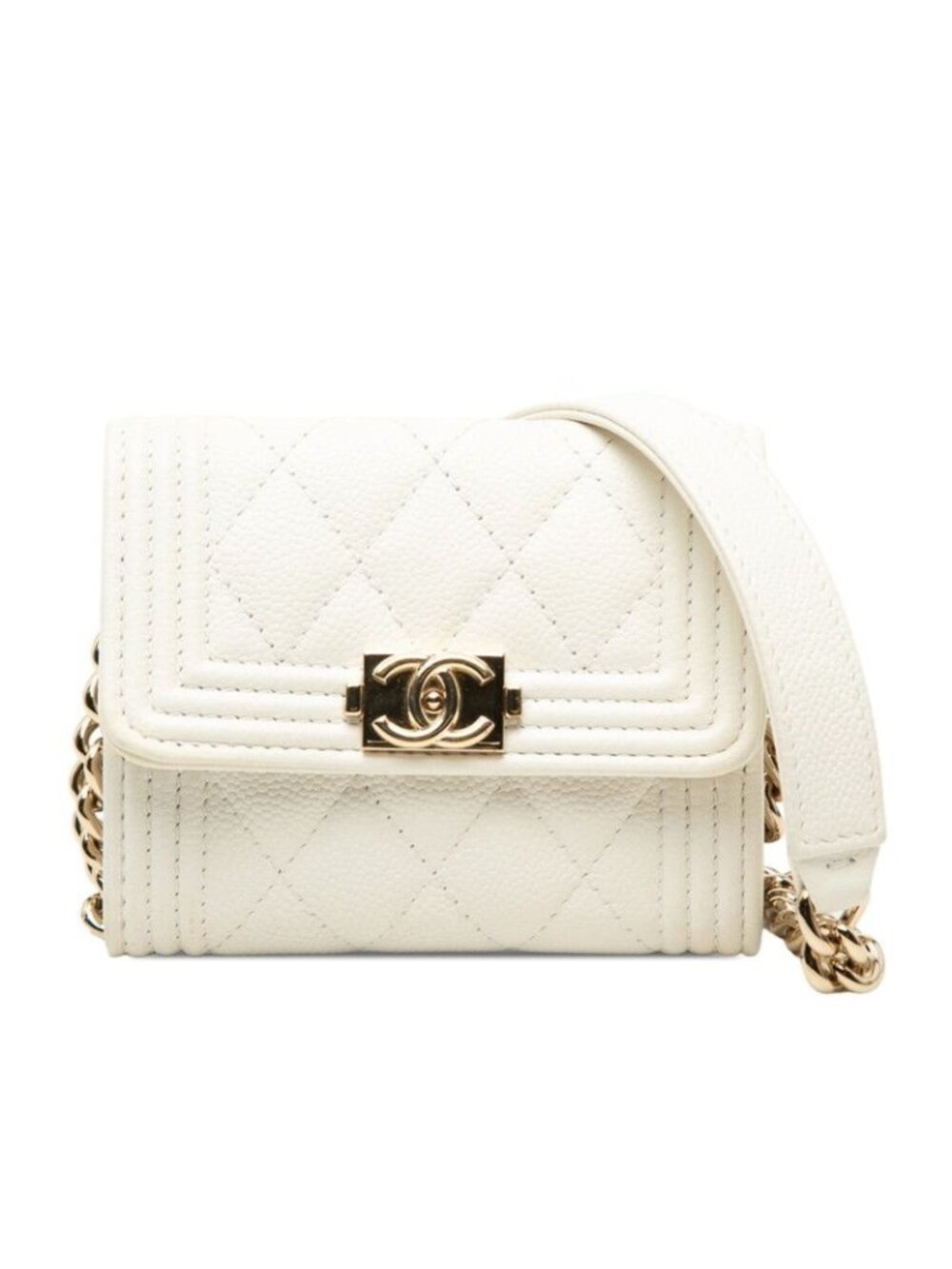 Chanel Quilted CC Logo Boy Crossbody Chain Wallet Shoulder Bag White Caviar